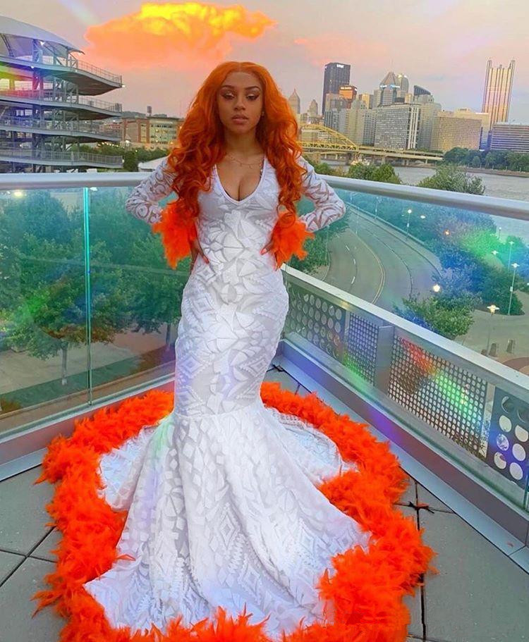 White Mermaid Prom Dresses 2020 Sequined Sexy Feather Long Sleeve Evening Gowns Black Girls African Party Dress robe de soiree