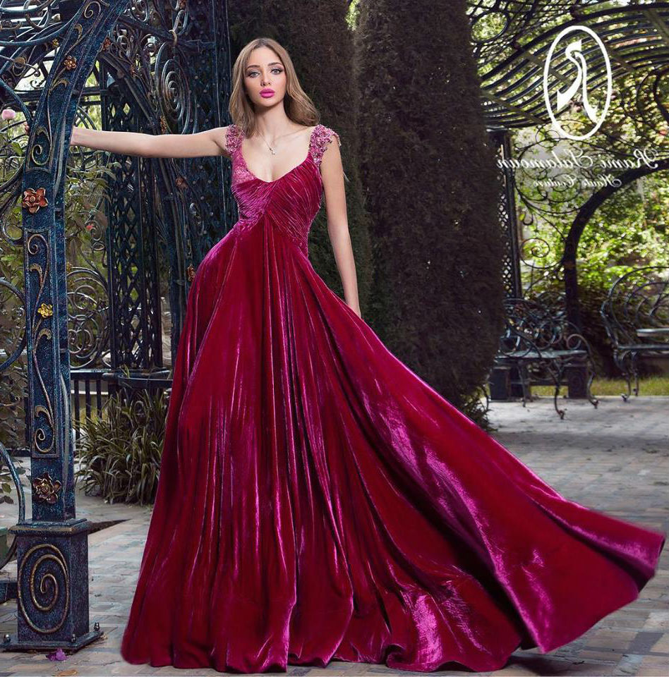 Rami Salamoun Red Prom Dresses A Line Scoop Neck Lace Appliques Beaded Velvet Evening Gowns Formal Designer Party Dresses