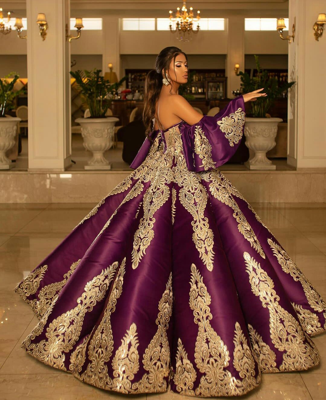 Purple Gold Dresses Princess Women Bridal Ball Off shoulder Puffy Lace Appliques Wedding Gowns Petites Plus Size Custom Made