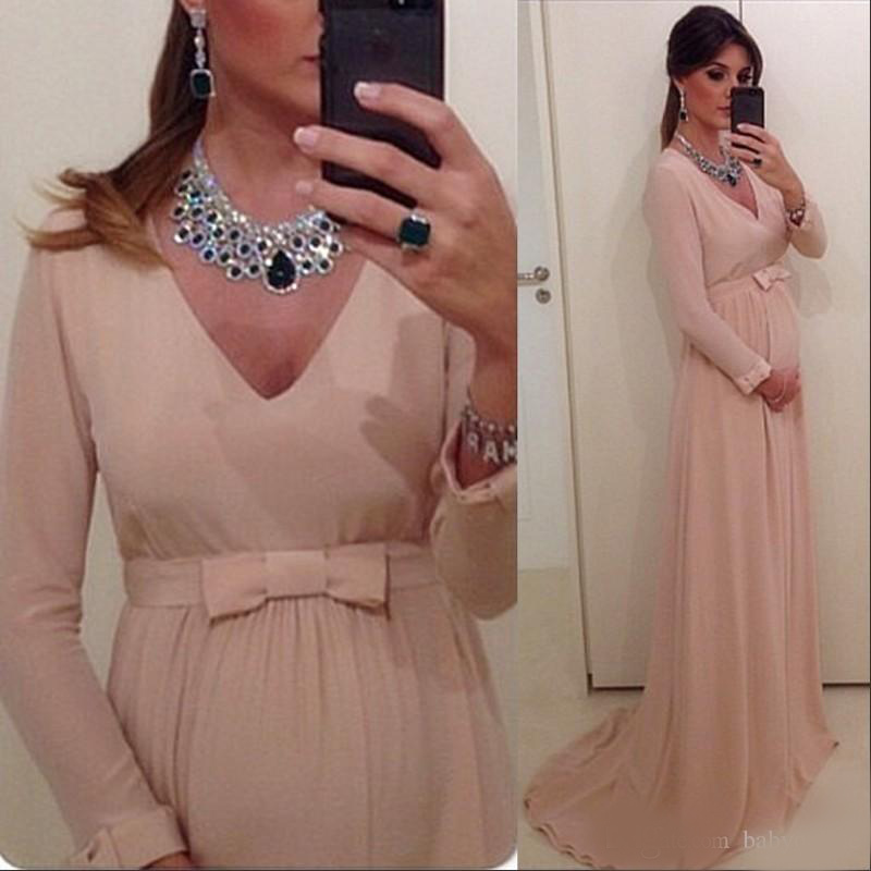 Chiffon Long Sleeves V Neck Cheap Maternity Evening Dresses Sweep Train Plus Size Custom Inexpensive Baby Shower Dresses