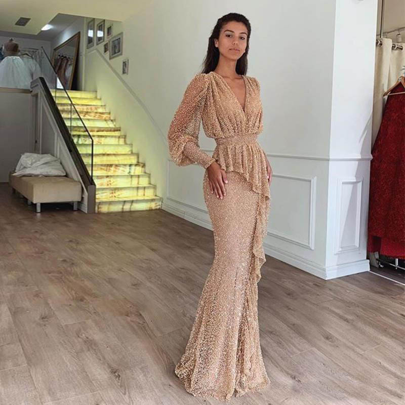 Sparkly Sequined Champagne Mermaid Evening Dresses with Juliet Sleeve V Neck Peplum Formal Gowns Long Prom Dresses