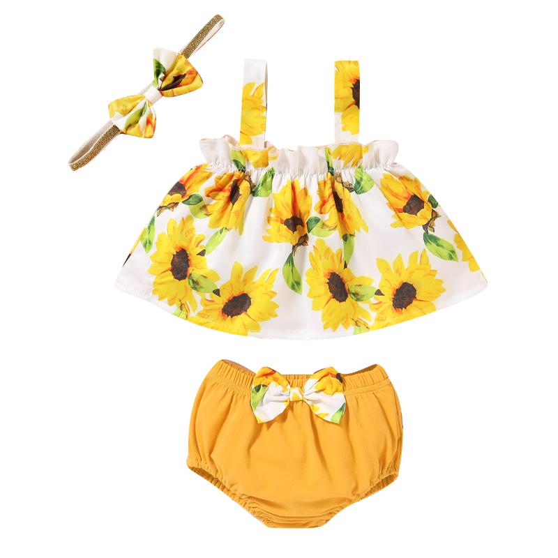 3Pcs Newborn Baby Girl Floral Sling Sun flower Print Vest Tops+Shorts +Headband Outfits Clothes 0-18M, As pic 
3Pcs Newborn Baby Girl Floral Sling Sun flower Print Vest Tops+Shorts +Headband Outfits Clothes 0-18M, As pic