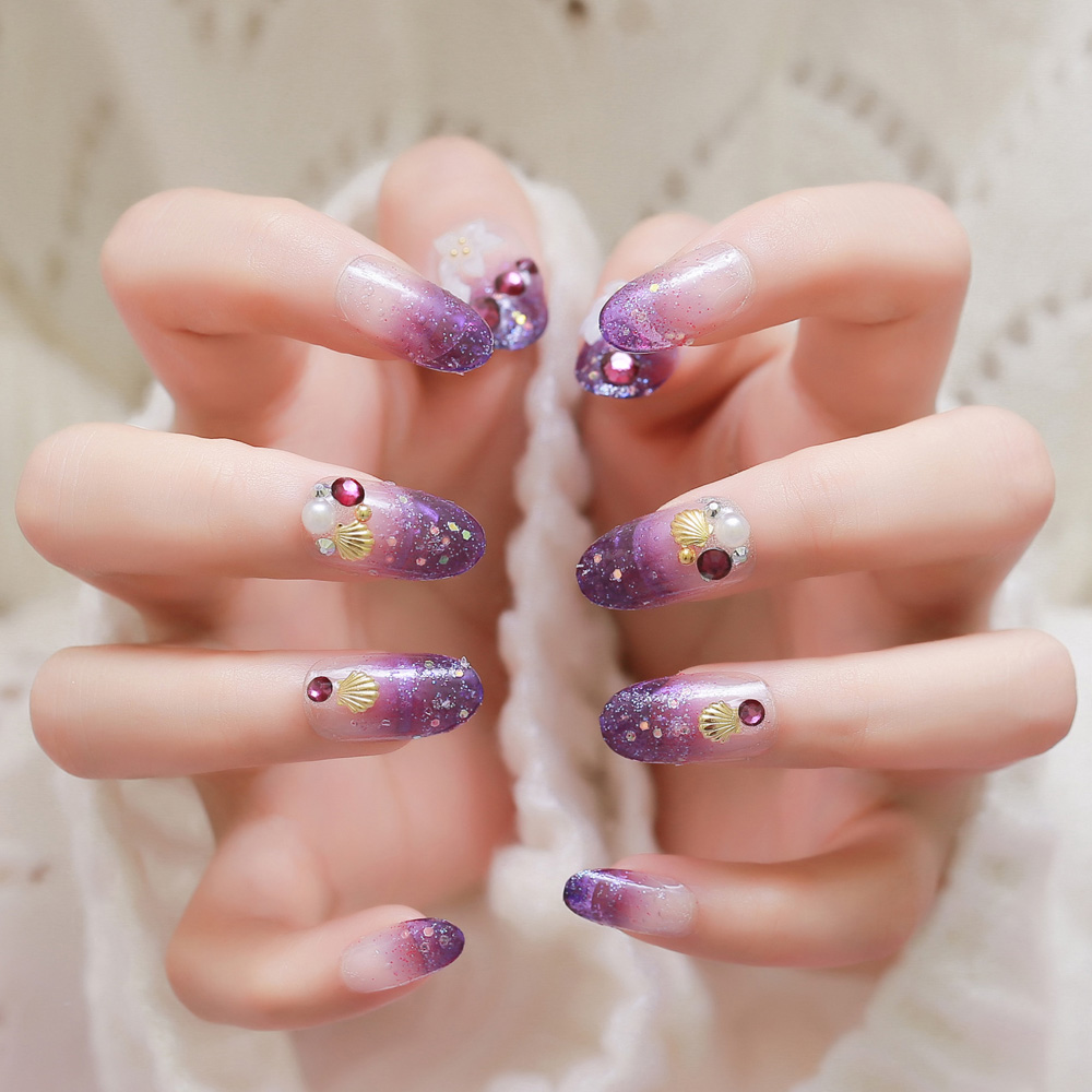 

Bittb 24PCS/Set Long Full Cover Fake Nails Finished Design Starry Purple Glitter Acrylic False Nail Tip with Glue Press on Nails, Bbtsl011