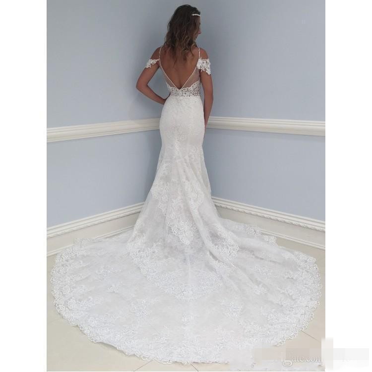 Mermaid Dresses Lace Applique Capped Sleeves V Neck Chapel Train Backless Custom Made Wedding Bridal Gowns Plus Size