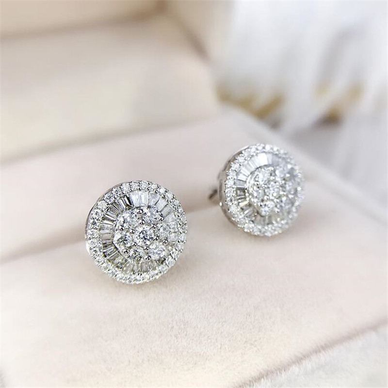 Circle Stud Earrings: Sterg Sier, Princess Cut White Topaz CZ, Wedding Bridal Jewelry Gift for Women