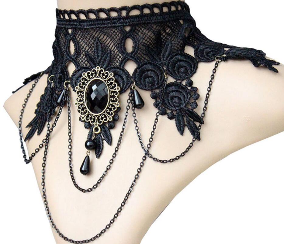 Halloween Sexy Gothic Chokers Crystal Black Lace Neck Collares Choker Necklace Vintage Victorian Women Chocker Steampunk Jewelry G