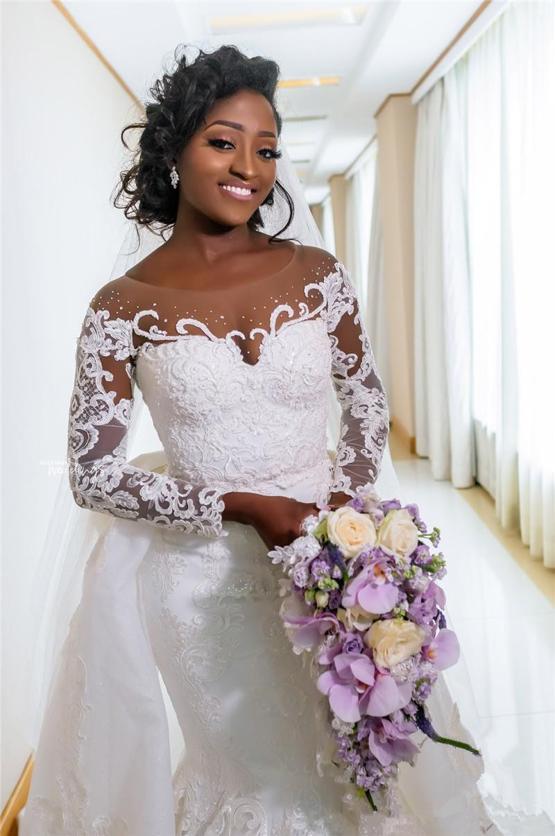 Vintage African Mermaid Wedding Dresses with Detachable Train Long Sleeves Buttons Back Beach Wedding Gowns Lace Sequined vestido de novia
