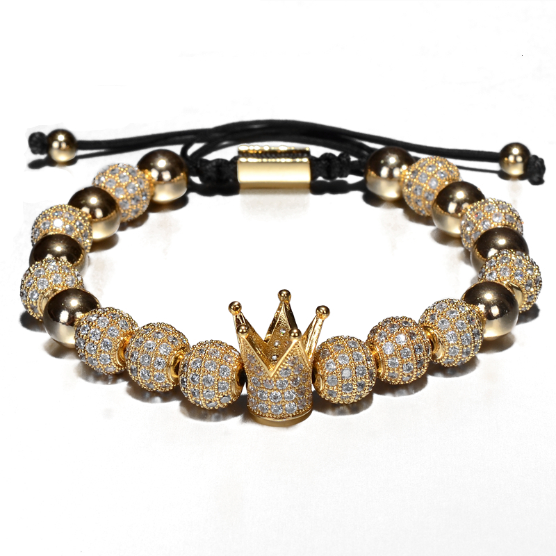 2pcs/set Luxury Crown Charm Men Bracelets 8mm Micro Pave CZ Round Braided Macrame Bracelet Pulseira Feminina Handmade Jewelry Women Gift