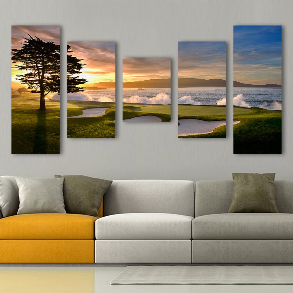 ArtSailing 5 Piece canvas scenery golf sunset tree ocean painting HD pictures wall art Home Decoration for Living Room poster
