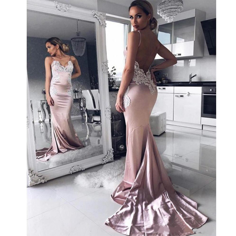 Custom Made Mermaid Blush Satin Backless Prom Evening Dress with Appliques Elegant Long Sweep Train Lace Bridesmaid Party Gown
