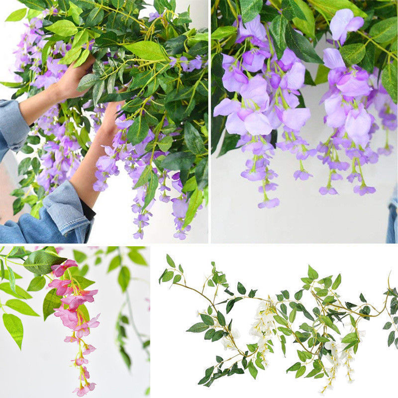 Flower String Artificial Wisteria Vine Garland Plants Foliage Outdoor Home Trailing Flower Fake Hanging Wall Decor 7ft 2m