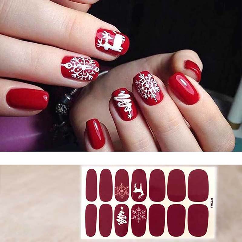 14pcs Cute Christmas Snowflake Santa Claus 3D DIY Fashion Style Plastic Art Short Fake False Sticker Red Nail Tips Glue Gel