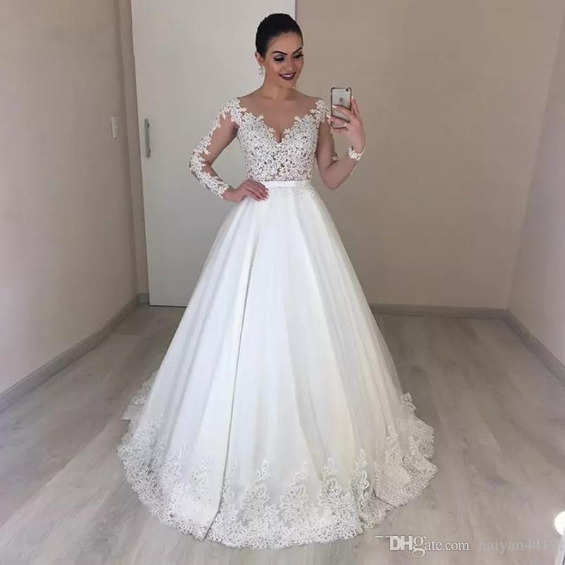 Size Vintage Plus A E Dresses Long Illusion Sleeves Sheer Neck Lace Applique Pleats Wedding Dress Bridal Gowns Vestidos De Noiva Pplique
