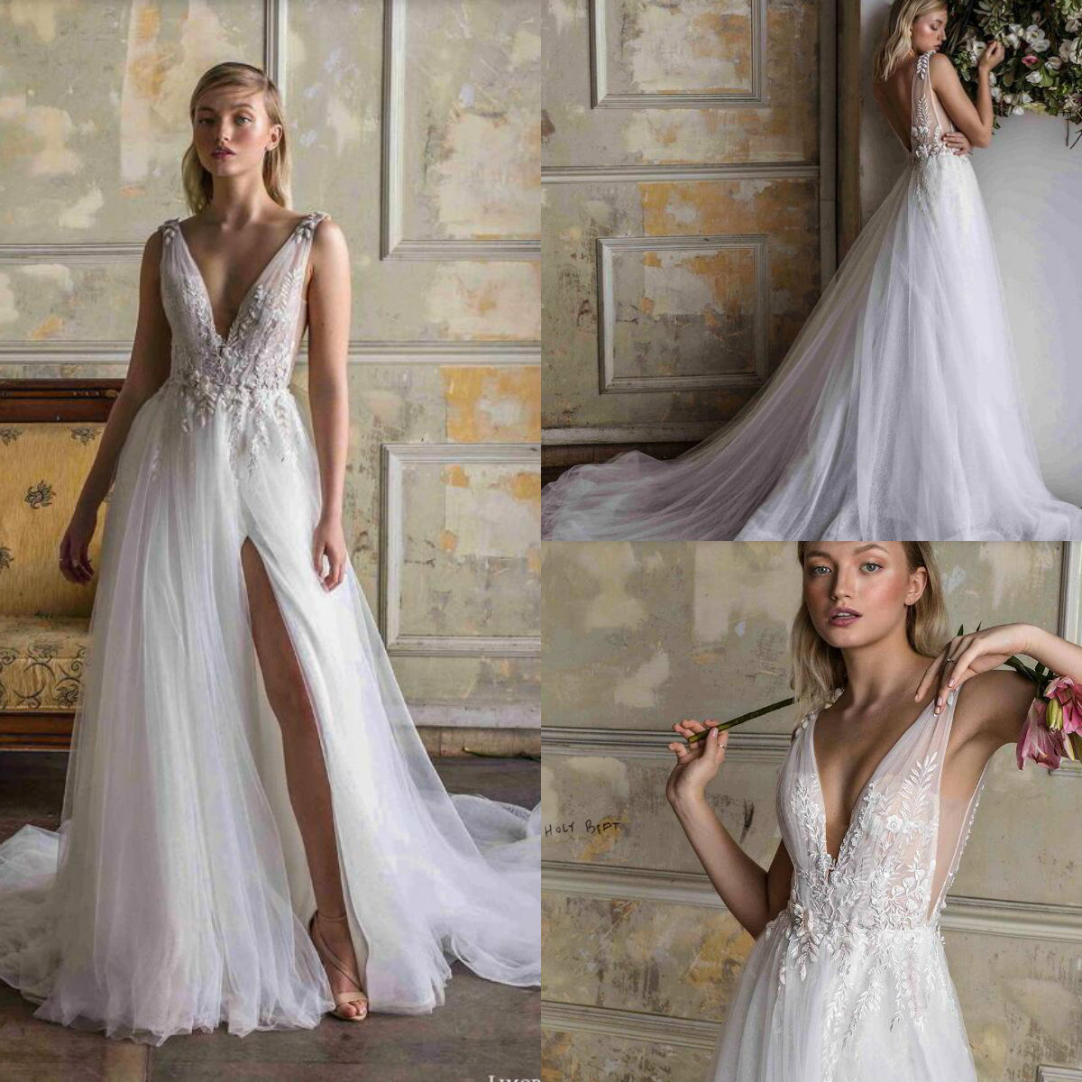 Limor Rosen 2019 Beach Wedding Dresses Deep V Neck Lace Appliqued Sexy Side Split Backless Bridal Gowns Sweep Train Cheap Boho Wedding Dress