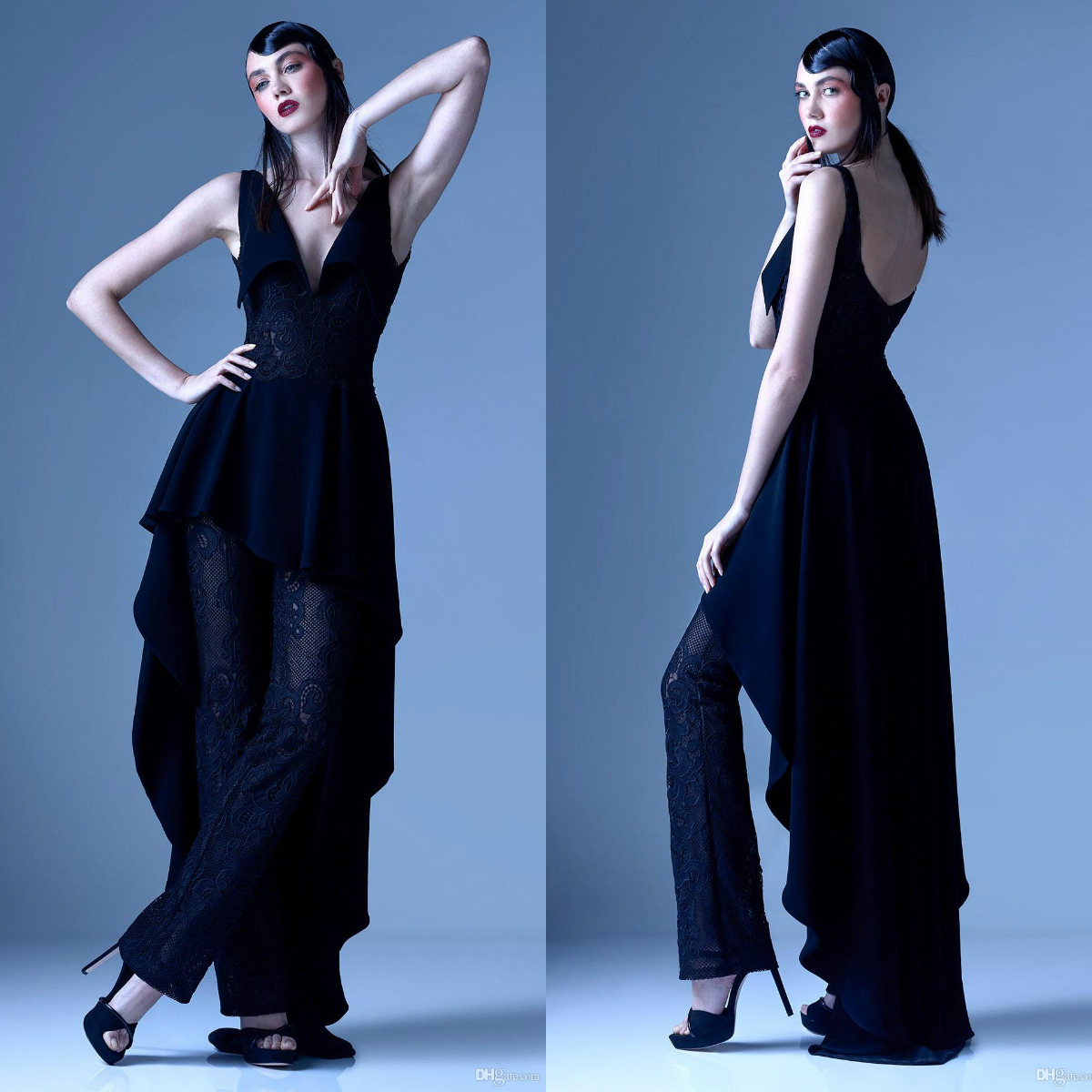 2020 Dark Navy Jumpsuits Prom Dresses Peplum V Neck Lace Appliqued Pants Dress Evening Wear Vintage Long Formal Party Gowns