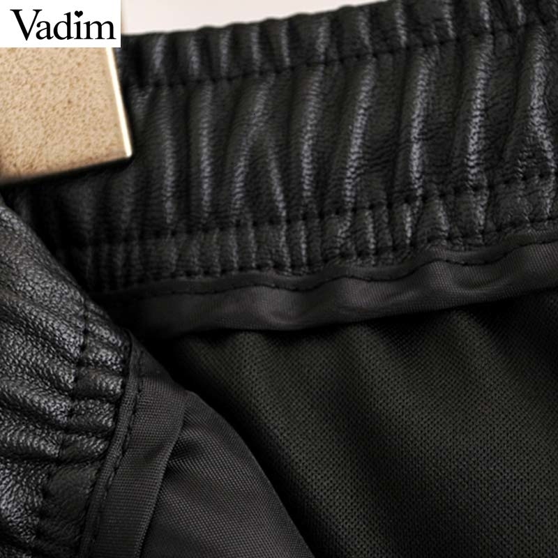 Women's Chic PU Leather Pants Elastic Waist Drawstring Tie Pockets | Solid Basic Trousers