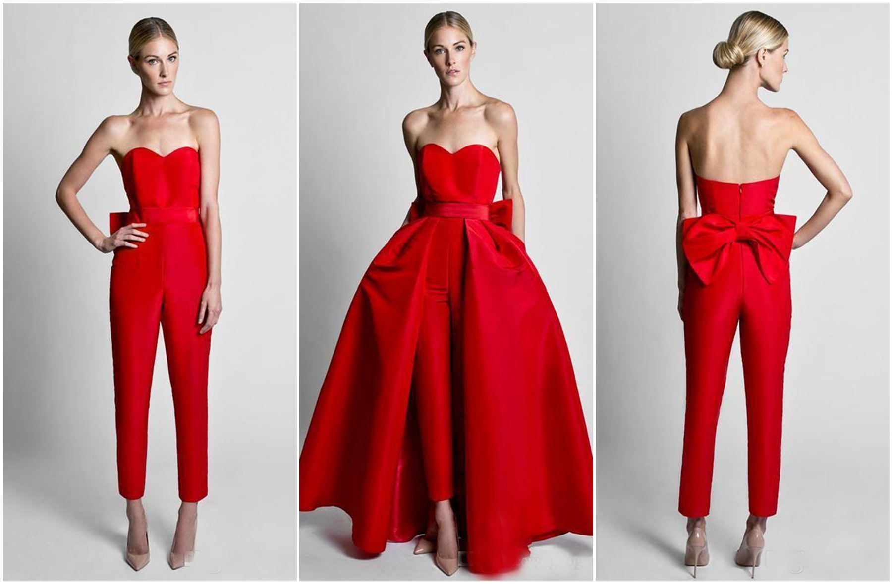 2020 New Hot Sale Red Jumpsuits Formal Evening Dresses With Detachable Skirt Sweetheart Prom Dresses Party Wear Pants for Women