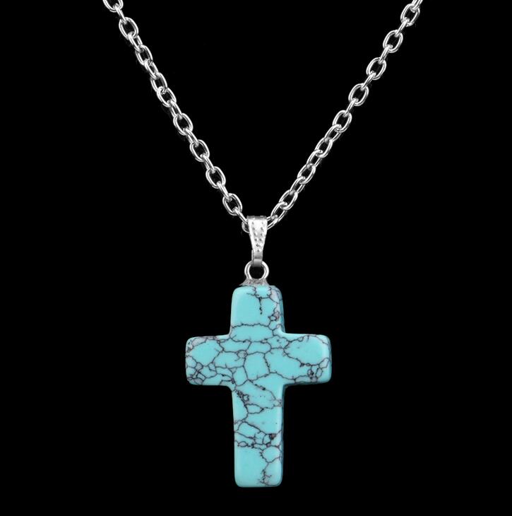 Fashion cross shape stone pendant turquoise crystal necklace DJN15 mix order Pendant Necklaces jewelry