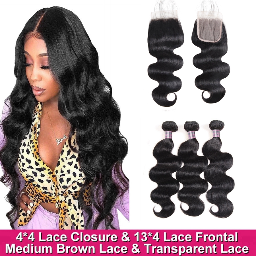 Ishow Brazilian Virgin Human Hair Bundles with 4*4 Transparent Lace Closure Frontal 13*4 Body Wave Malaysian Peruvian for Women All Ages 8-28inch Jet 