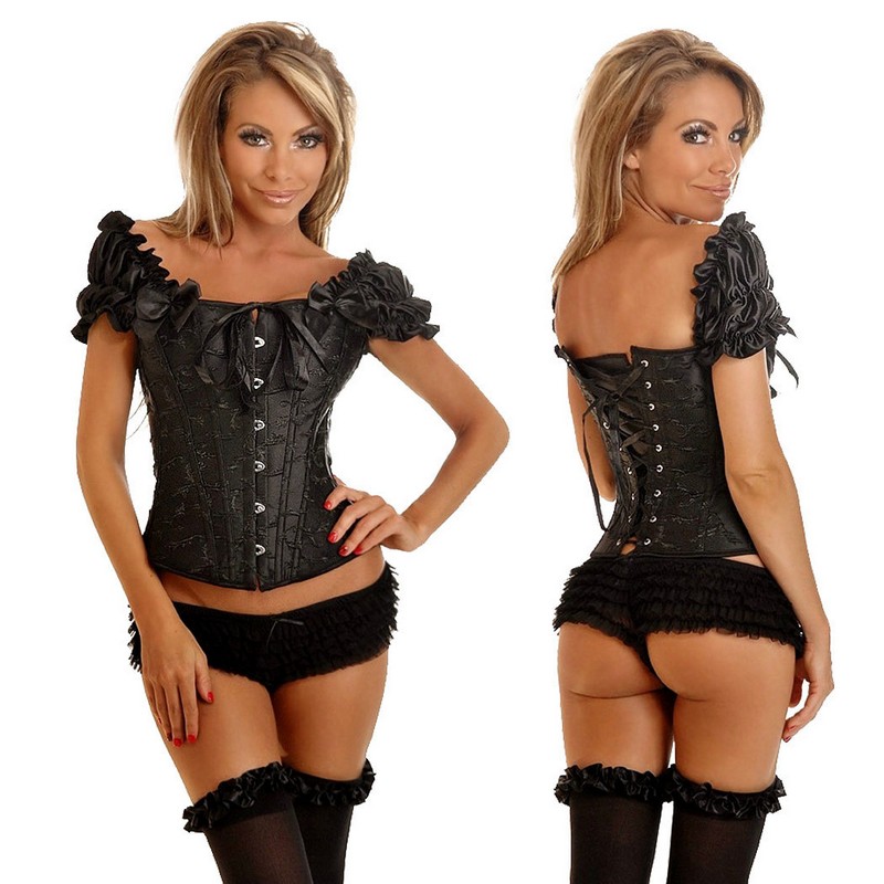 Elegant Women's Victorian Corset Dress Brocade Jacquard Steel Bones Bridal Underbust Bodice with Puff Short Sleeves Available in White & Black Sm
