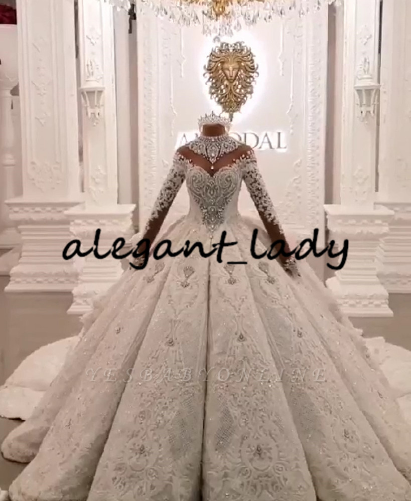 Azzaria Haute Sparkly Wedding Dresses 2020 Luxury Crystal Beaded Lace Applique Ruffles Tiered Cathedral Train Arabic Dubai Wedding Gown