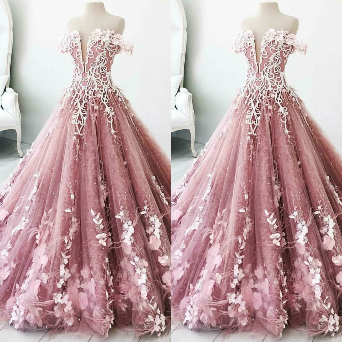 Custom Made Pink Prom Dresses 2019 Off Shoulder Lace 3D Floral Appliques Evening Gowns Handmade Sweep Train robes de soirée