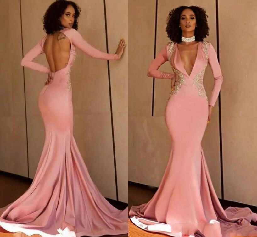 abaric long sleeve mermaid prom dresses v neck lace sequins backless sweep train african evening gowns plus size robes de soire