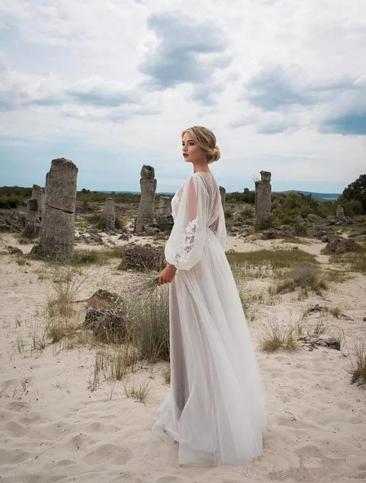 Boho Dresses Long Sleeve Bohemian Appliques Tulle or Length Illusion Beach Wedding Gowns Cheap Bridal Dress 2853