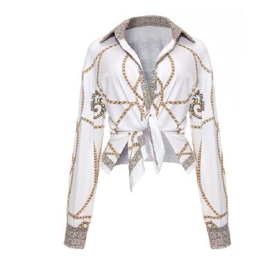 New Autumn Deep V Neck Full Long Sleeve Blouse Shirt Women Gold Chain Printed Tops Causal Female ClubWearTop Basic Shirt