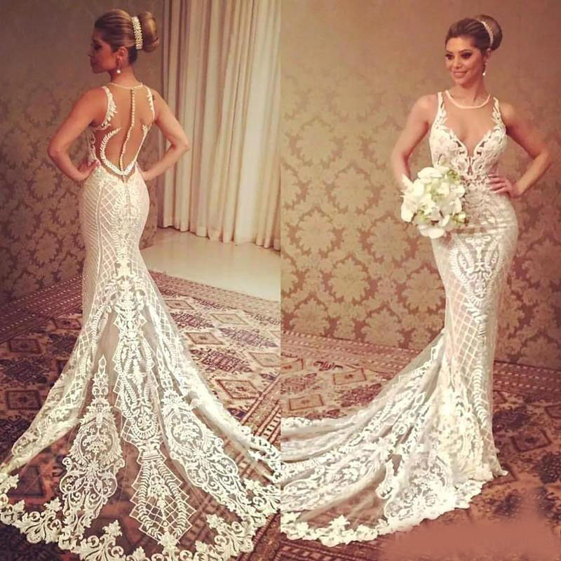 modest white sheer back boho plus size spring summer full lace mermaid wedding dresses bridal gowns 2020 robe de mariée Abendkleider