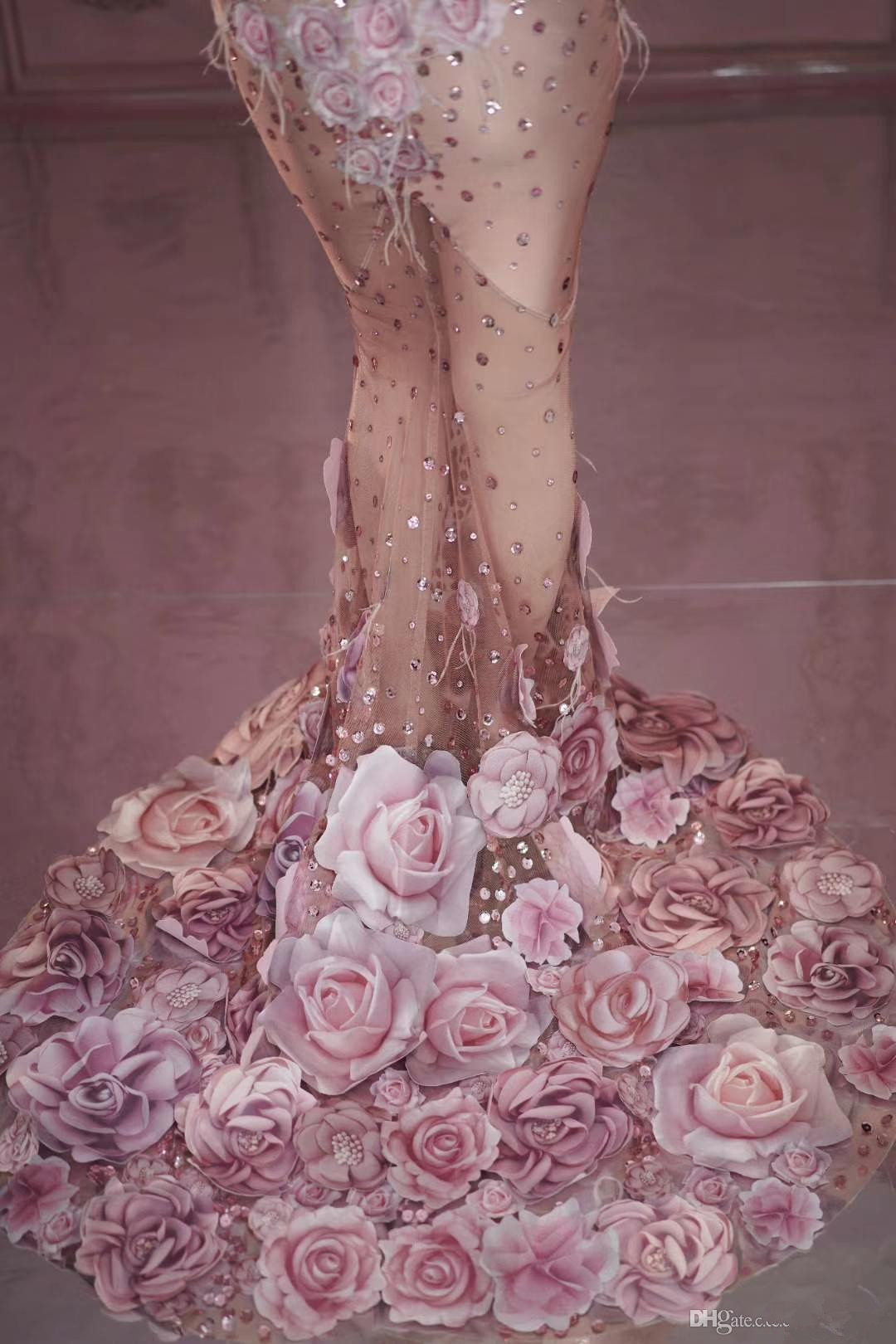 pink flowers see through long sleeve prom dresses beaded mermaid celebrity party gowns singer performance costume formal evening dress