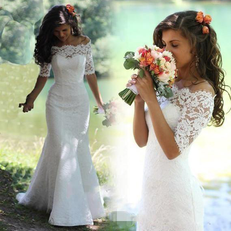 Off the Shoulder Mermaid Wedding Dresses Lace Applique Short Sleeves Sweep Train Plus Size Country Wedding Gown vestido de novia