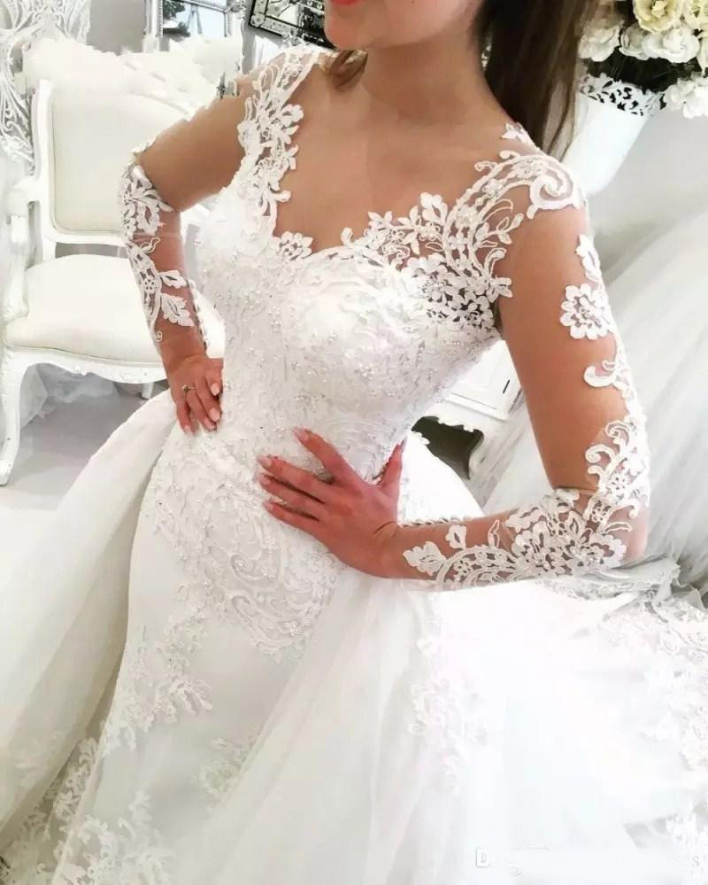 2020 Modest Sheer Long Sleeves Lace Appliques Wedding Dresses With Detachable Train Beaded Bridal Gowns Formal Vestidos De Marriage
