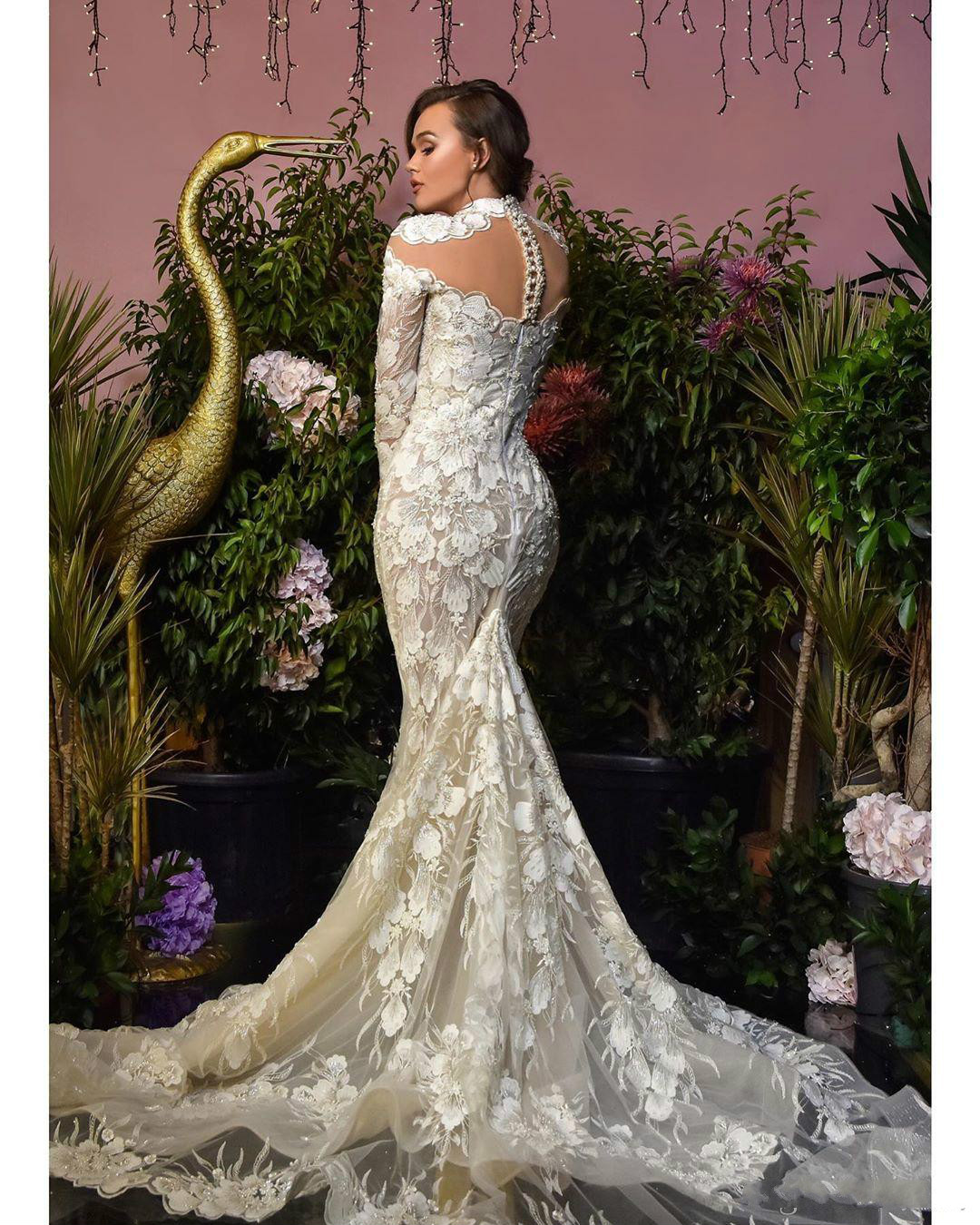 Arabic High Neck Mermaid Wedding Dress Lace Appliques Long Sleeve Vestidos De Novia Light Champagne Custom Made Beach Country Wedding Dress
