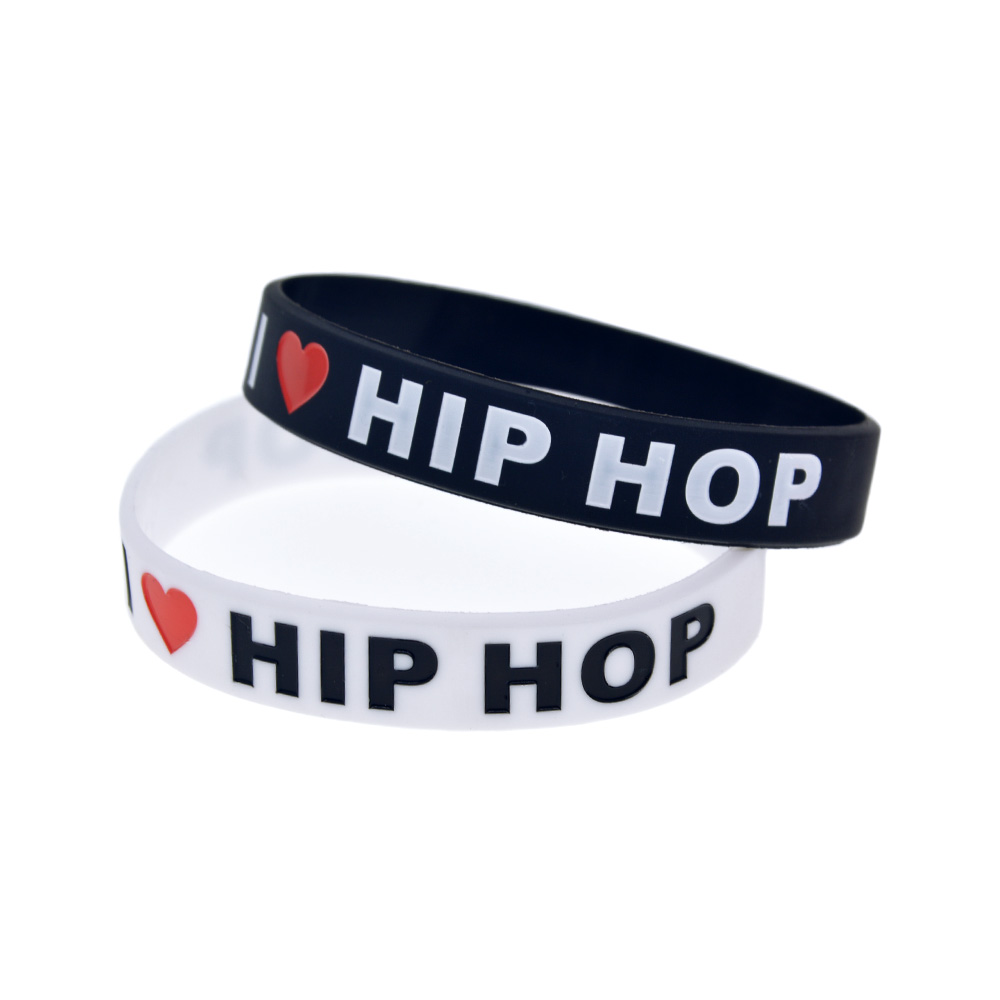 100PCS I Love Hip Hop Silicone Rubber Bracelet Ink Filled Logo Black and White for Music Fans