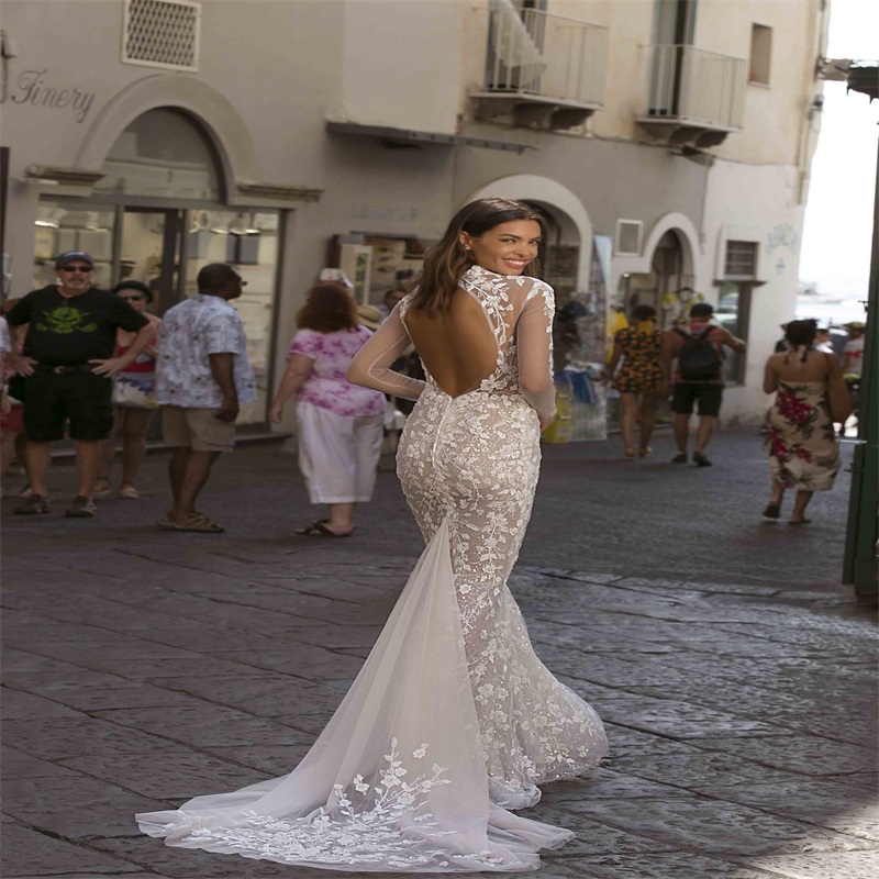 Sexy Illusion Mermaid Wedding Dresses High-neck Long Sleeve Beaded Appliqued LaceBridal Gown Backless Custom Made Hot Sale Bridal Dress