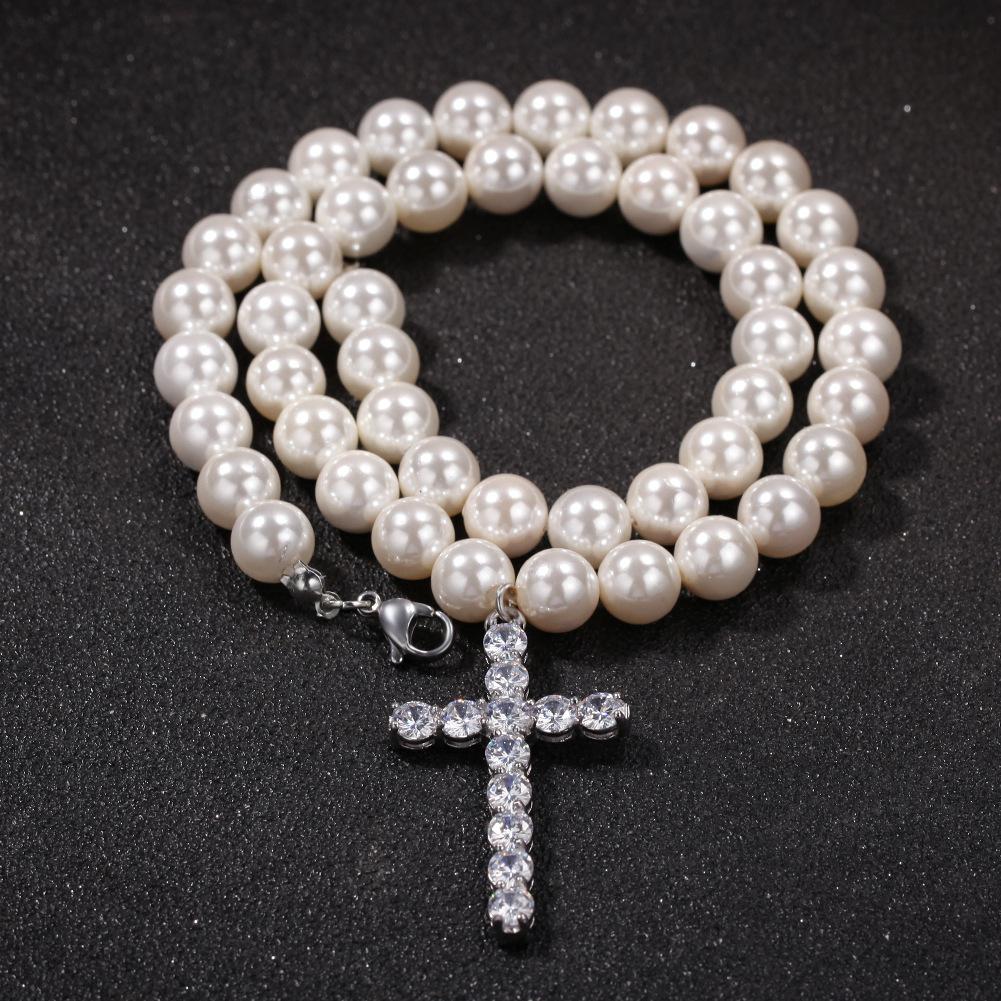 New personalized White Freshwater Pearl Beads Cross Pendant Mens Choker Necklace Hip Hop Rock Punk Rapper Jewelry Gifts for Men & Women