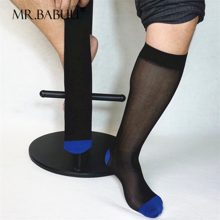 Men Business Soft Sheer Socks Light Weight Single Packing Formal Dress Suit Knee Length Long Socks Two-Tone Mesh Nylon Silk Socks