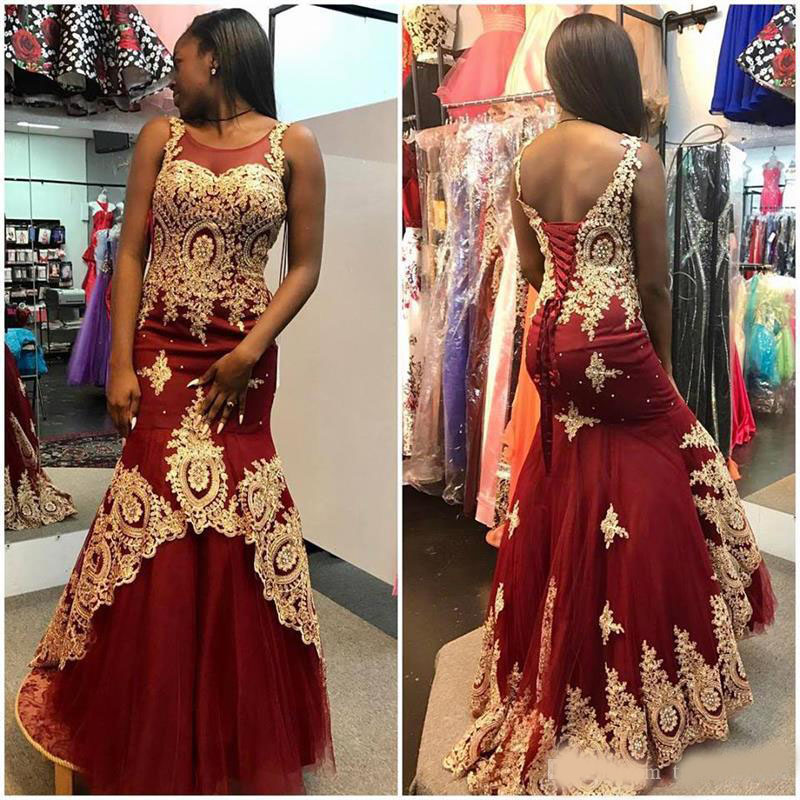 Gold Applique Mermaid Long Burgundy Prom Dresses Sheer Neck Elegant Evening Formal Dress Party Gowns Vestidos de Novia