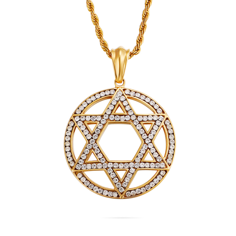 Men's Hip Hop Six-star Pendants Necklace 316L Stainless Steel Full Cubic Zirconia Setting 18K Gold Plated Jewelry
