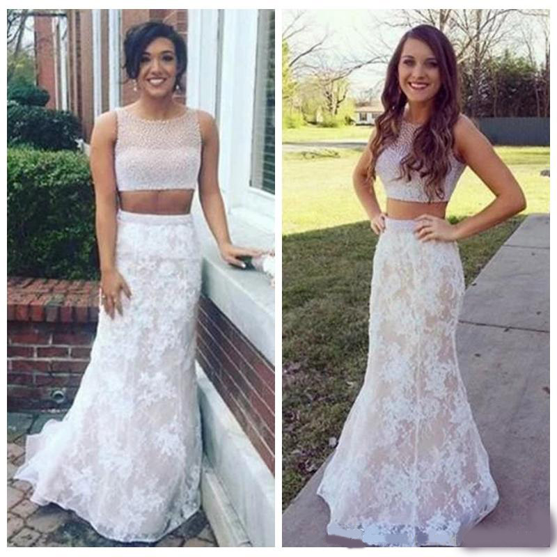 Charming Scoop Sleeveless White Lace Prom Dresses Pearls Crystals Beading Two Piece Prom Dress with Champagne Lining Cheap Prom Gowns
