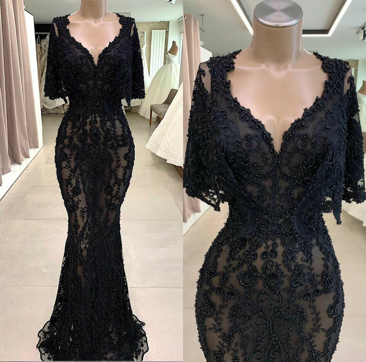gorgeous black mermaid party dresses vneck applique lace beaded evening dress sweep train custom made formal women gown hot sell