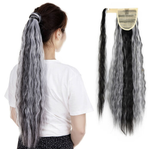 New Wavy/Curly brown grey Wave two tone mixed Ponytail Wrap Ponytail Clip in Hair Extension