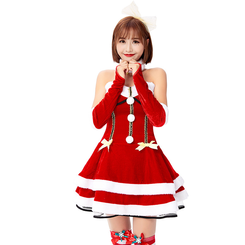 Ms. Santa Adult Women Christmas Costume Bandeau Layered A-line Mini Dress with White Fuzzy Trim Headband Neckband Gloves Set Fashion Cosplay