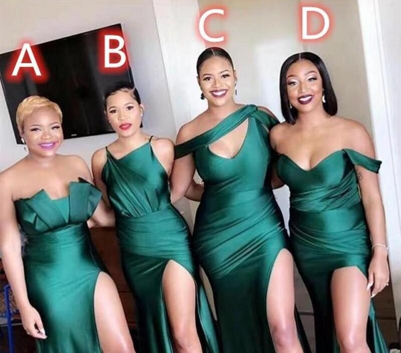 2020 Latest Different Neckline Sexy Bridesmaid Dresses Ruched High Side Split Long Prom Dress Maid of Honor Gowns
