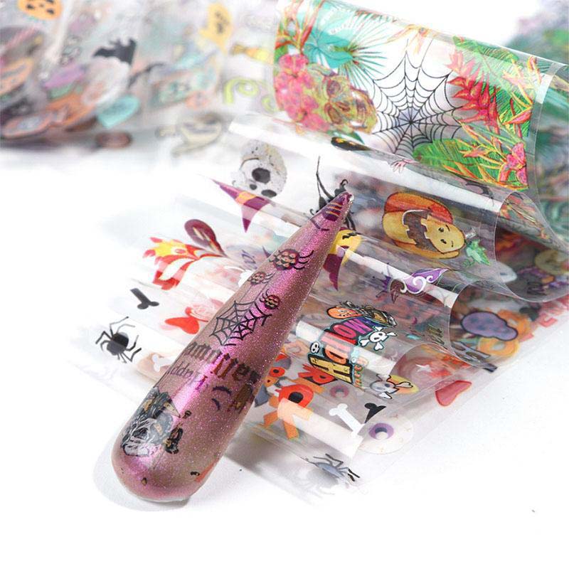 10pcs Fashion Halloween Self-adhesive Nail Sticker Design Water Transfer Decals Pumpkin Cat Witch Skull Nail Art Foil Cool Polish Decal DHL