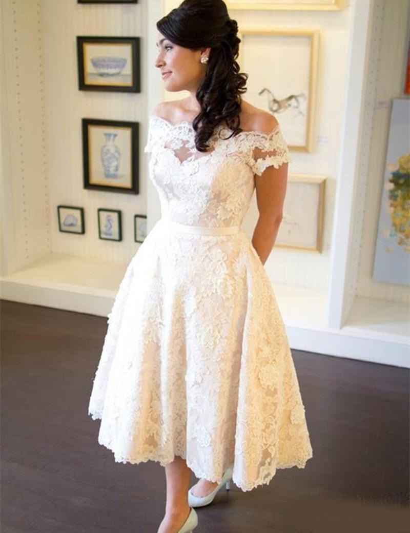 2020 Off Shoulder Lace Short Country Wedding Dresses Appliqued Tea Length A Line Boho Beach Bridal Gowns Plus Size Robes De Mariee