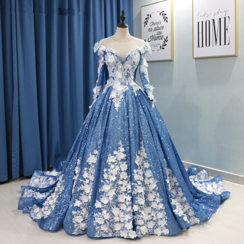 Luxury Lace Beaded High Neck Ball Gown Prom Dresses Spark Glitter Saudi Arabic Light Blue Women Evening Gowns Robe De Soiree