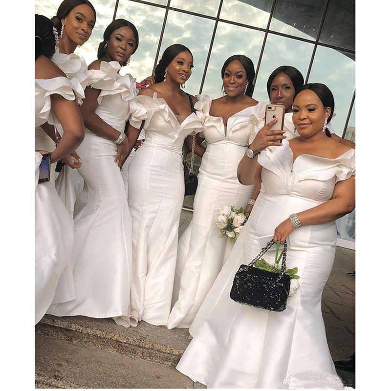 South African Mermaid Bridesmaid Dresses Long Off Shoulder Cascading Ruffles Maid Of Honor Dress Plus Size Evening Prom Dresses
