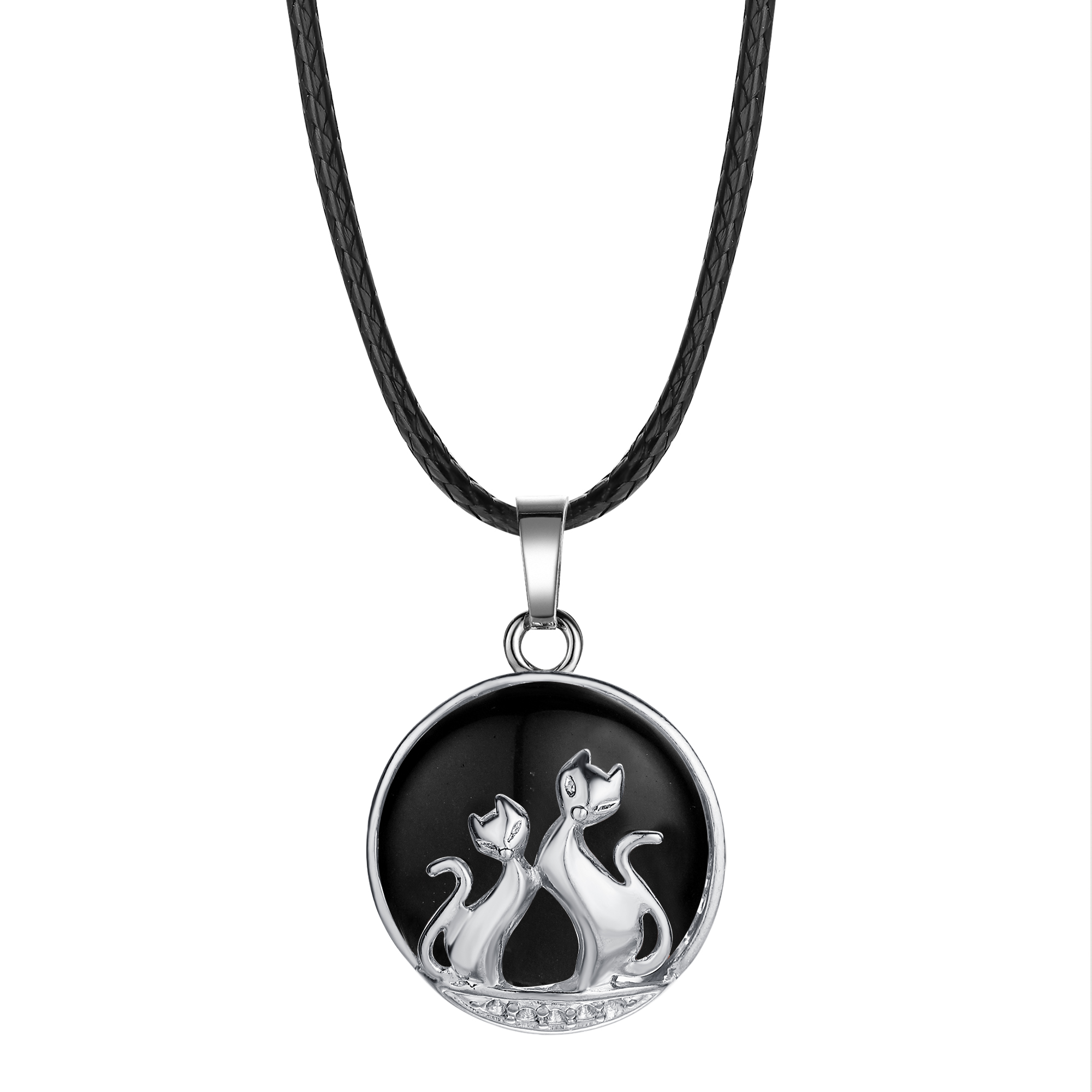 qimoshi Moon couple cat pendant men and women stainless steel healing natural stone round necklace 23x34MM12pcs (send leather rope)